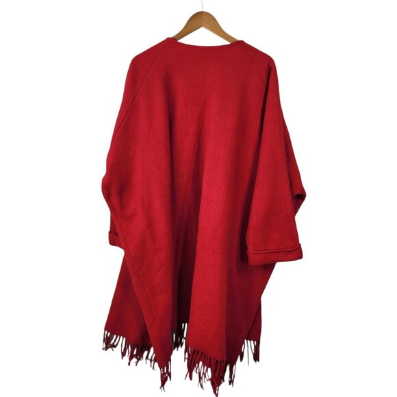 Vintage Fleece Coat One Plus Size 1X 2X 3X 4X Long Warm Red Fringe Pockets Open - Picture 4 of 4